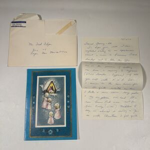 Vintage Embossed Christmas Card Nativity Angels 1974 Handwritten Letter Envelope